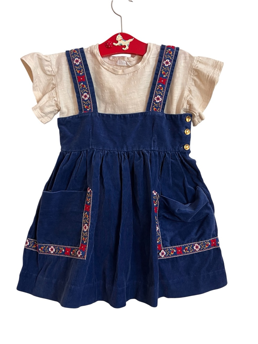 Vintage Navy Corduroy Pinafore Dress with Cream Top